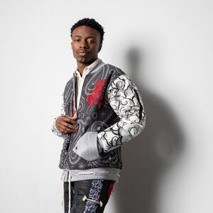 Genuine Leather Graphic Patchwork Bomber Jacket with Red Script